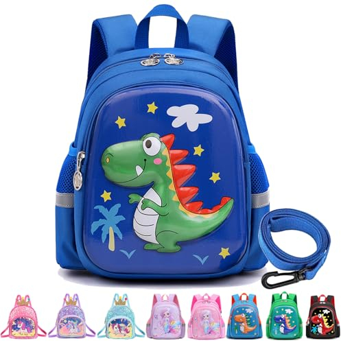 YOUYIKE Dino Rucksack Kindergarten, 3D Blau Dino rucksack kinder mit Anti-verlorenes Seil, Kita Rucksack, Kindergartenrucksack für Jungen im Alter von 2 bis 5 Jahren