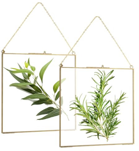 GBACHOOSE Lot de 2 Cadres Photo à Suspendre, 25 x 20 cm, Cadre Photo Mural Flottant en Verre et Laiton, Clip pour spécimen de Plante dorée Vintage, Support de décoration Vertical Moderne pour Cartes,