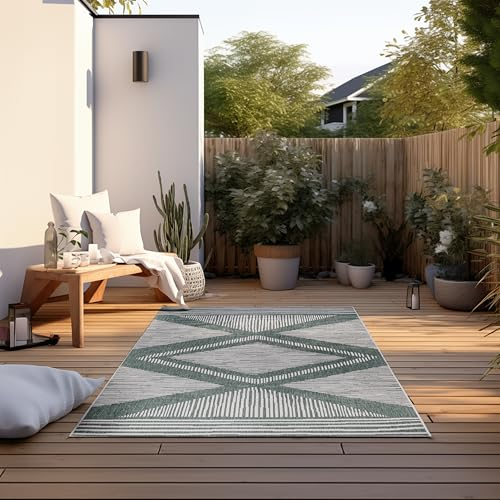 ELLE Decoration In und Outdoor Teppich – Wendeteppich Wetterfest & Wasserfest - Modernes Rauten Muster Geometrisches Muster Outdoorteppich für Garten, Balkon, Terrasse, Wohnzimmer – Grün, 80x150cm