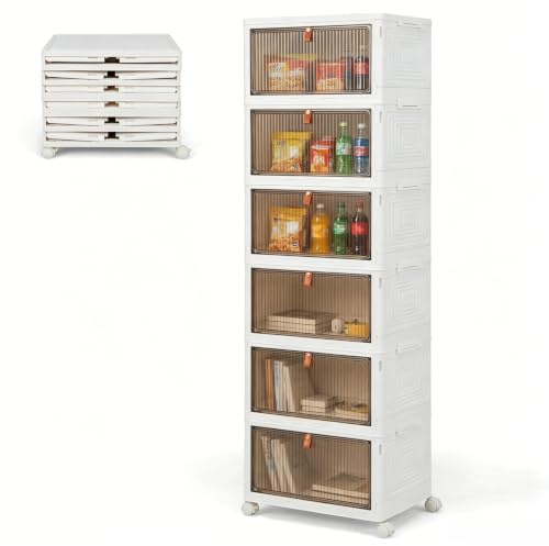 KOMFOTTEU Aufbewahrungsbox mit 6 Ebenen, Ordnungsbox stapelbar mit Deckel und Rädern, transparente Organizer-Box, Faltbox 40x27,5x123cm, Behälter für Schuhen, Kleidung (6 Ebenen)