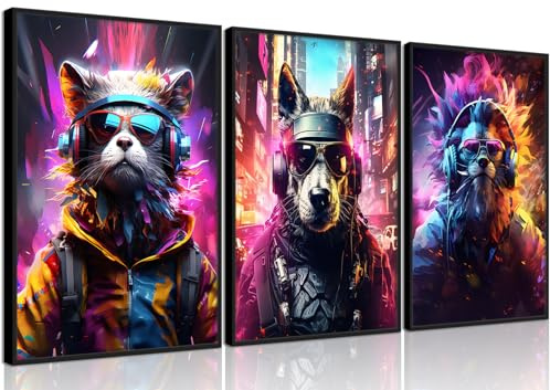 QGNBGBJ Gaming-Poster, bunte Graffiti-Tiere, Wanddekoration, Gamer-Kopfhörer, Leinwand, Wandkunst, Aquarell, Katze, Hund, Löwe, Bilder, Drucke für Teenager, Jungen, Kinder, Spielzimmer, Malerei,