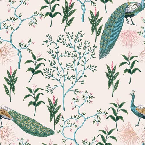 CRE8TIVE Peacock Wallpaper - Beige Self-Adhesive Removable Chinoiserie Tree Leaf Blue Peacock Vinyl Wrap for Furniture & Cabinet - 30.5cm x 300cm