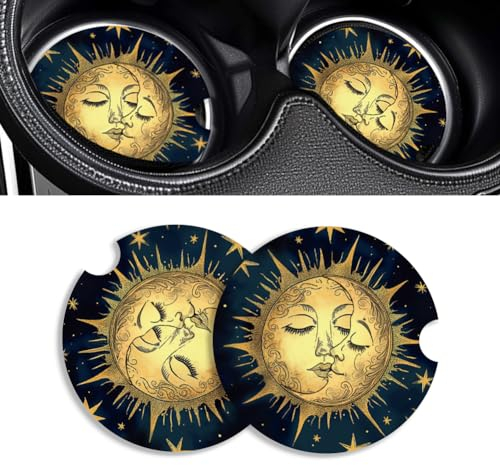 PLIGREAT 2 Stück Gold Mond Sonne Sterne Auto Becher Halter Untersetzer Künstlerisch Boho Design Universelle rutschfeste Keramik Untersetzer Mode Auto Interieur Assecories für Frauen Männer