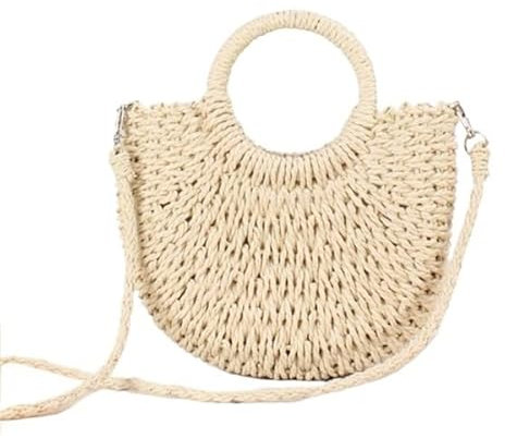 BLacOh Korbtaschen Damen Handgemachte halbrunde Rattan gewebte Strohtasche Sommer Damen Messenger Umhängetaschen Mädchen kleine Strandhandtasche Strohtaschen Damen (Color : Beige)
