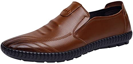 Classiche Scarpe in Pelle per gli Uomini Slip On PU Suola in Gomma Bassa Tacco Blocco Lavoro Confortevole Stivali da Lavoro Uomo, Marrone, 41 1/3 EU