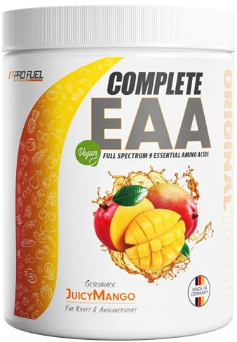 EAA Pulver 500g JUICY MANGO - 12.500mg essentielle Aminosäuren, unglaublich lecker & erfrischend - COMPLETE EAA mit allen 9 EAAs inkl. Histidin - EAA vegan Aminosäuren Pulver - Amino Workout Drink