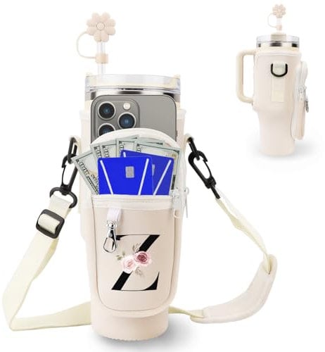 Initial Personalized Water Bottle Bag for Stanley 40oz Tumbler,with Phone Pocket,Neoprene Water Bottle Carrier with Adjustable Strap and Straw Cover & Carabiner,for Stanley Cup Accessories(Z)