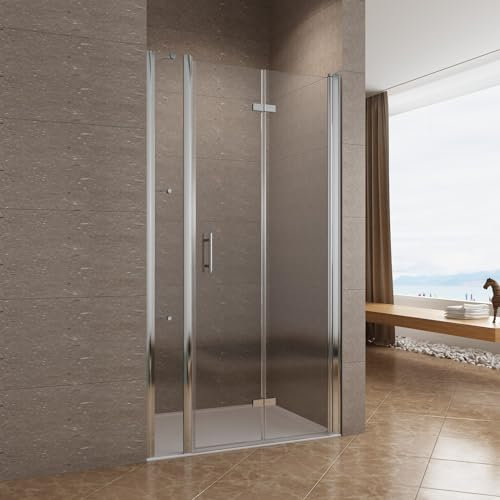 AQUABATOS 94-98 x 195 cm Faltbare Duschtür in Nische Nischentür Dusche Nischenfalttür Falttür mit Festteil rahmenlos Duschwand Glas Duschkabine Eckregalen Duschablagen 6 mm ESG Nano Echtglas klar