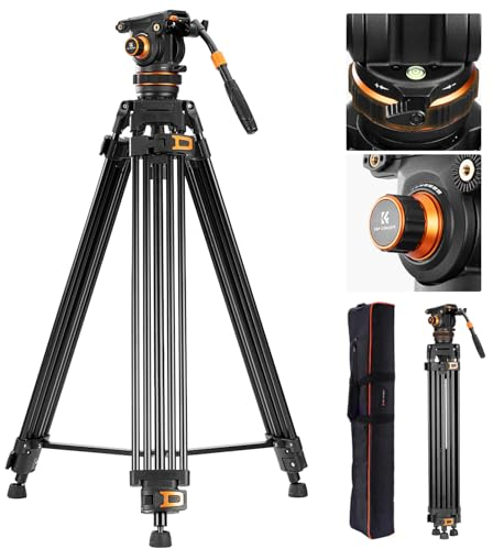 K&F Concept Treppiede Viedo, Treppiede per Fotocamera in Alluminio 191 cm, Cavalletto Fotografica Pesante con Infinitamente Smorzato e Testa Fluida a 360°, per Reflex, VCR, Capacità di Carico 10 kg