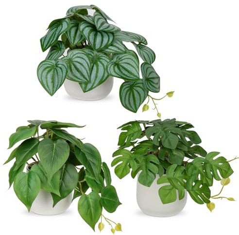 Oairse Lot de 3 petites plantes artificielles dans des pots en céramique décoratives - Plantes tropicales artificielles réalistes - Plante d'intérieur pour la maison, le bureau, la cuisine, la salle