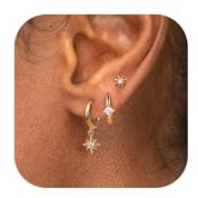 Morfetto 3 Paires Boucles d’Oreilles Argent 925 pour Femme Hypoallergéniques, Petits Clous d’Oreilles et Créoles Plaquées Or 14K, Idéales pour Plusieurs Piercings Oreille Cartilage Or-Soleil