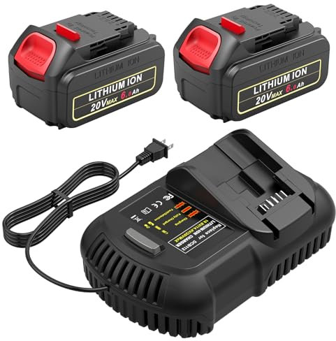 Djsanu 20V 6000mAh Replace Battery for Dewalt with DCB112 Charger, 2 Packs 20V Max 6.0Ah Lithium Battery with 20V Charger Comaptible with Dewalt DCF DCD DCG Series 20V Cordless Power Tools and Charger