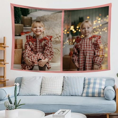 HDYFYP Wandteppich mit Eigenem Foto Name, Personalisierter Foto Collage Tapisserie Selber Gestalten Bedrucken Wandbehänge Wandtuch Geschenk für Schlafzimmer Wohnzimmer Weihnachten (2 Fotos)
