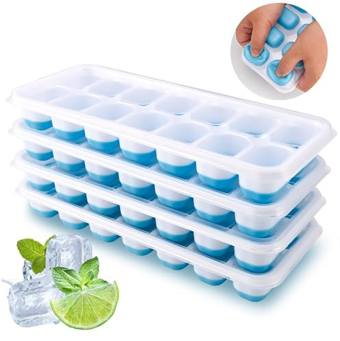 Bac a Glacon, 4 Silicone Bacs à Glaçons avec Couvercle, Glacons Moule Sans BPA à Dégagement Facile, Ice Cube Tray Pour Whisky, Cocktails, Boissons (Bleu)