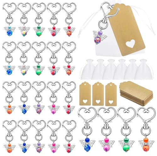 25 Stück Schutzengel Schlüsselanhänger mit Blanko Kraftpapier Anhänger und Organza Beutel, Schutzengel Anhänger Taufe, Schutzengel Engel Set für Kommunion, Geburtstag, Weihnachten, Hochzeit