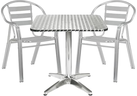 Bistroset 3-eilig Silber aus Aluminium, 1 Eckiger Aluminiumtisch mit 2 Stapelbare Stühlen Wetterfest für Garten, Balkon und Terrassen / Pflegeleichter Gartentisch mit Standfüßen – glänzend Tischplatte