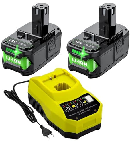 BATTOOL 2 x 6,0 Ah Ersatzakku für Ryobi, Mit 18V Ladegerät für Ryobi 18V Akku P108 P109 P102 P103 P105 P107 RB18L50 RB18L40 RB18L25 RB18L15, mit LED Anzeige