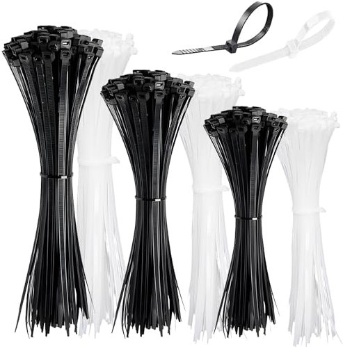 AMSGANK 300 Pezzi Fascette Plastica, 100/200/300mm Fascette Elettricista Fascette Lunghe Cavi Nylon Uso Interno ed Esterno, per la Gestione dei Cavi, Fili, Giardinaggio (Bianco e Nero)