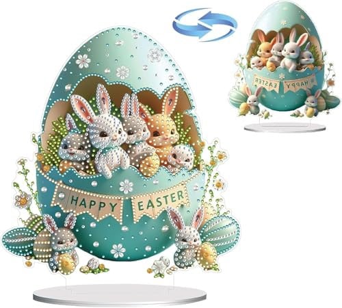 Eyezeeption Doppelseitige Diamond Painting Ostern Deko Hase Kinder Set, DIY Frühling Deko Ostern Diamond Painting Kaninchen Diy Malset Ostereier (Grün)
