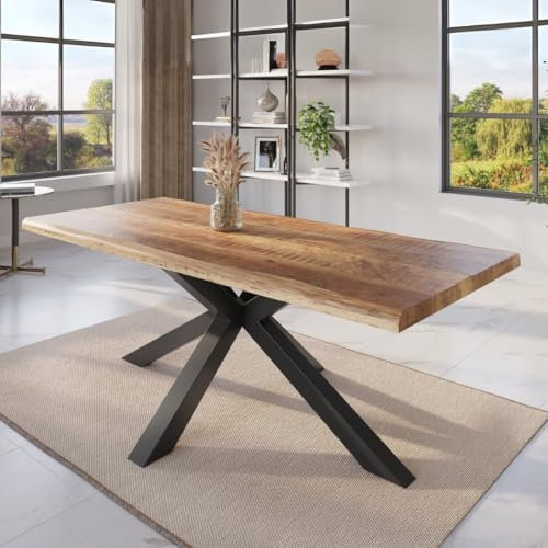 trelevo Esszimmertisch 220x100 cm, Mangoholz massiv, Tischplatte Natur/rau, echte Baumkante, Spider Gestell schwarz, Baumkantentisch
