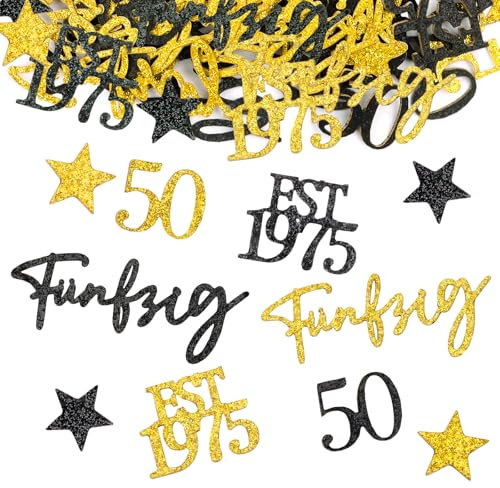 MEJOSER 150 Stück 50 Geburtstag Mann Frau Deko Tischdeko Streudeko Goldene Hochzeit Deko 50. Geburtstag Glitzer Konfetti Schwarz Gold für Frauen Männer 1975 Geburtstagsdeko Tisch (50)