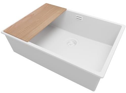 PRIMAGRAN Lavello da Cucina Bianco 66x47cm, Lavandino da Cucina a 1 vasca + Sifone Classico + Tagliere, Lavabo da Cucina Incasso al mobile 70cm - London Slim