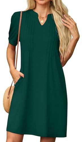 GRECERELLE Womens Dresses Summer Casual Short Sleeve V Neck Shift Dress for Women Ladies T Shirt Dress with Pockets (Dark Green, XL)