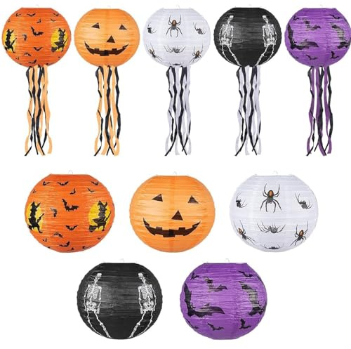 5 Stück Halloween-Dekorationen, Papierlaterne, Halloween-Kürbis-Hängelaterne mit Quasten für drinnen und draußen, Baum, Zuhause, Schule, Garten, Themenparty-Dekoration (20 cm)