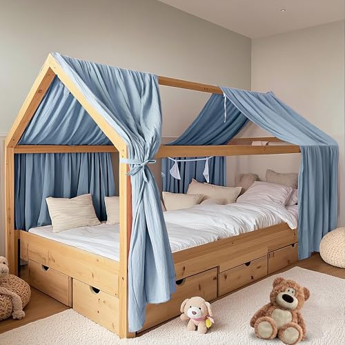 FloraVigo Hausbetthimmel 2 Stück, handgefertigt aus 100% Baumwoll-Musselin, Stoffhimmel zur Hausbettdekoration, dekoratives Heimtextil, 2er Set 132 x 320 cm, Blau