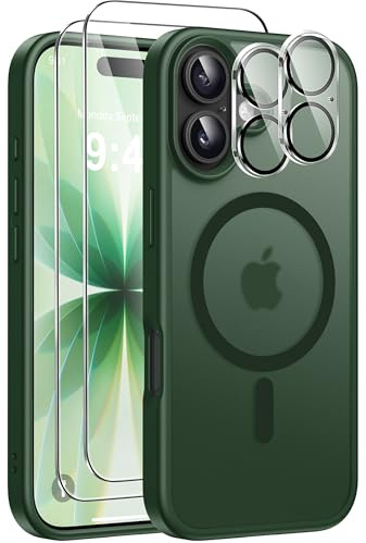 ivencase 5 in 1 Coque pour iPhone 17 Magnétique, Vert | Compatible avec MagSafe, 2 Verres Trempés et 2 Caméra Protecteur, Dos PC anti-rayures, Étui TPU Bumper Antichoc Housse 6,3