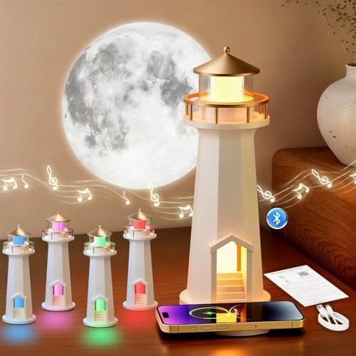 PASLFC Leuchtturm Lampe,Leuchtturm Deko mit Licht,Kabelloses Laden von Mobiltelefonen Funktion,Projektor Mondlampe,Leuchtturm LED,LED Mondlicht Projektor mit Musik Bluetooth für Geburtstag Geschenk