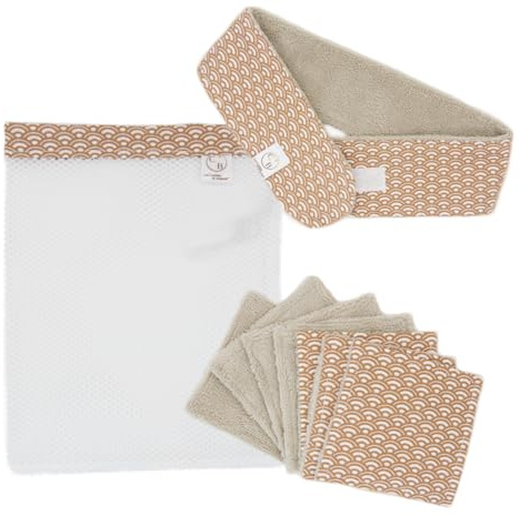 Lingettes démaquillantes lavables bambou, cotons réutilisables, pads, fait main, lot de 7 + bandeau make-up + filet de lavage, ensemble démaquillage (Ensemble Cappuccino à Motif)