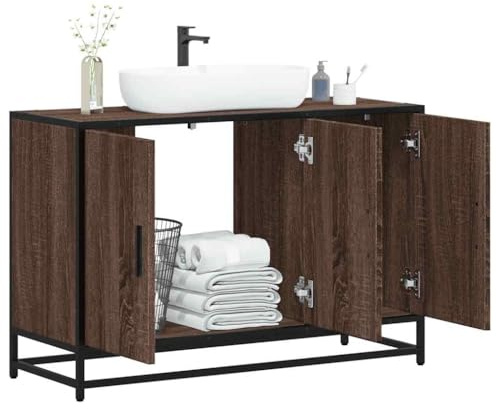 HaoChrymec Mobile Lavabo in Legno Ingegnerizzato con Struttura in Metallo, Mobile Bagno Salvaspazio Stile Industriale con Anta e Ripiani Interni,Effetto Rovere Marrone, 90x33x60 cm