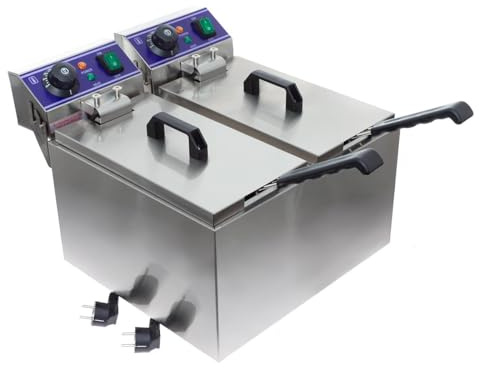 Elektro-Doppelfritteuse 16 L Edelstahl – 2 x 8 L Kammern, je 2000 W – Profi Fritteuse mit Temperaturregelung bis 200 °C, Frittierkörbe & Deckel – Gastronomie Fritteuse für Imbiss & Küche – 43,5 x 38 x