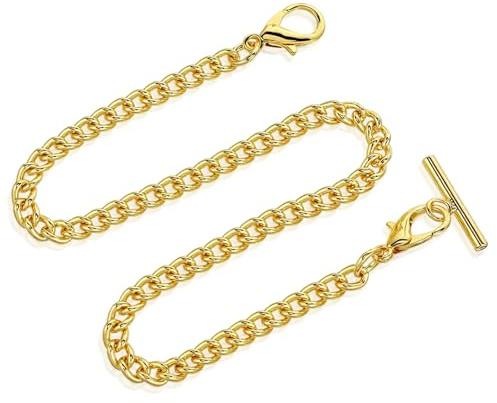 Tweruna Gold Pocket Watch Chain with T-Bar, 14 Inch Waistcoat Chain | T-Shaped Hanging Pocket Watch Chains for Men, Antique Vest Chain for Men