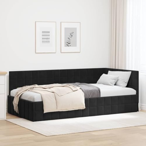 Yunovire Eckbettgestell mit Kopfteil, Schwarz, 90x190 cm, Samt, L-förmiges Design, platzsparend, Robustes Holz-Metall-Gestell, vielseitig als Sofa und Bett, langlebig