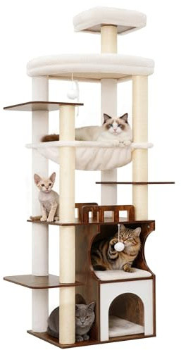 Gitelsnour Kratzbaum Holz für Erwachsene große Katzen mit 2 Höhlen GCT102SR | Katzenbaum stabil 180 cm für den Innenbereich und Maine Coon, mit 2 großen Plattformen, Hängematte, Kratzsäulen,Landhausbraun