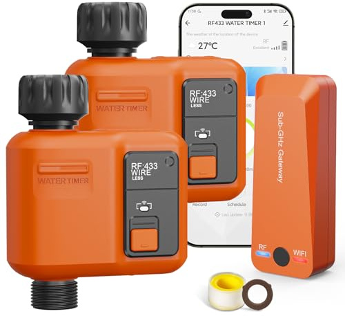 XinFuture 2 Pezzi Centralina Irrigazione WiFi con Tecnologia RF 300 m | Timer Irrigazione Compatibile con APP e Vocale Alexa, Computer Irrigazione, Temporizzatore Irrigazione Ritardo Della Pioggia