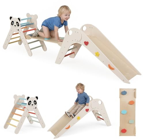 FANTASK Kletterdreiecke Indoor 3er Set, Klappbares Klettergerüst Holz mit Rutsche, Rampe & Kletterleiter, Inkl. Baustein Set, Sprossendreieck für Kinder ab 3 Jahren (Macaron)