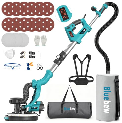 Bluebow Drywall Sander with Vacuum Dust Collector for Popcorn Ceiling | 1000W Electric Drywall Sander with Digital Display Screen 9 Variable Speed 800-2100RPM, Foldable Extendable Handle