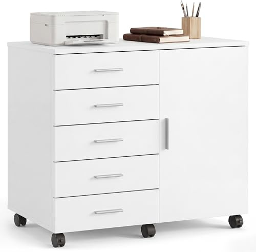 VASAGLE Rollcontainer mit 5 Schubladen, schraubenlosen Gleitschienen | Mobiler Aktenschrank, Druckerständer, für Büro, Homeoffice, Wolkenweiss, CUSTOS Kollektion OFC092WB02