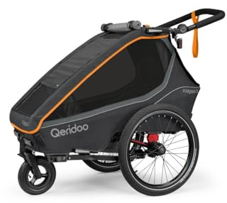 Qeridoo Fahrradanhänger Kidgoo 1 FIDLOCK Edition mit 5 Punkt Gurtsystem und Easy-ARS, faltbar, mit 360 Grad drehbaren, luftgefüllten Buggyrad und patentierten Kopfprotektoren, für 1 Kind