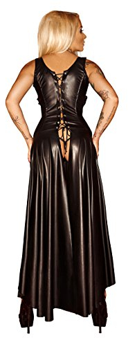 Noir Handmade Schwarzes Damen Dessous fetisch Maxikleid Wetlook Kleid mit Schnürung brustfrei lang L