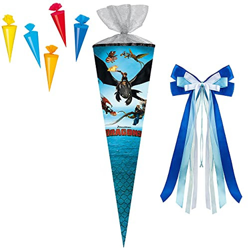 alles-meine.de GmbH Set Schultüte + 5 kleine Zuckertüten - Dragons - Drachenzähmen leicht gemacht - 35 cm - rund - incl. große Schleife - mit Tüllabschluß - Zuckertüte - mi..