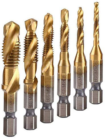 Eyech 6-teiliges Titan-Kombinationsbohrer- und Gewindebohrer-Set, metrische Bohrer-Bits, Gewindeschneid-Bit, Werkzeug 6,35 mm Sechskantschaft, 3 Funktionen in 1