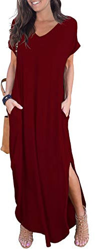 GRECERELLE Women Maxi Long Dress Summer Casual Beach Boho Short Sleeve V Neck Maxi Dresses with Pocket (Wine Red, L)
