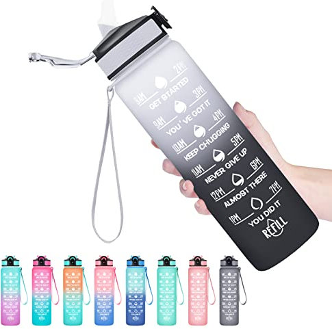 HYETA 32 OZ Water Bottle with Times to Drink and Straw, Motivational Timed Marker Water Bottles with Strap, Leakproof & BPA Free, Gym & Outdoors, Gray-Black