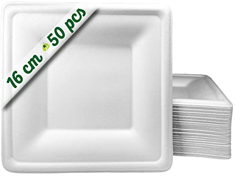 GoBeTree 50 platos de caña de azúcar cuadrados de 16 cm blancos. Platos desechables extrafuertes, Para camping, picnic, fiestas, barbacoas, cumpleaños