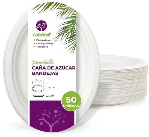 GoBeTree 50 Bandejas Desechables ovales de Papel de caña de azúcar de 26 x 20 cm. Vajilla desechable Biodegradable extrafuerte de Color Blanco. Bandejas para Fiestas y desayunos