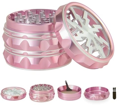 Clear Top Herb Grinder Metal Large 2.5'' Large 4-Part , Aluminum Alloy Spice Grinder with Pollen Catcher (Pink)